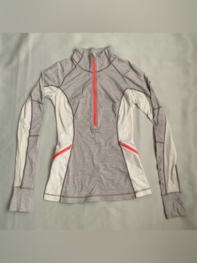 Lululemon Gray White Half Zip Long Sleeve Running Top Thumbholes Size 4